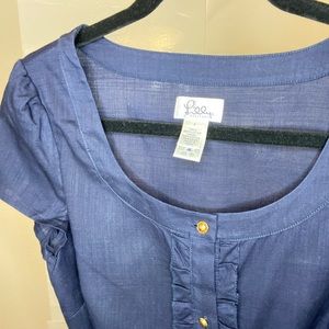 Lilly Pulitzer navy dress buttons tie ruffles EUC